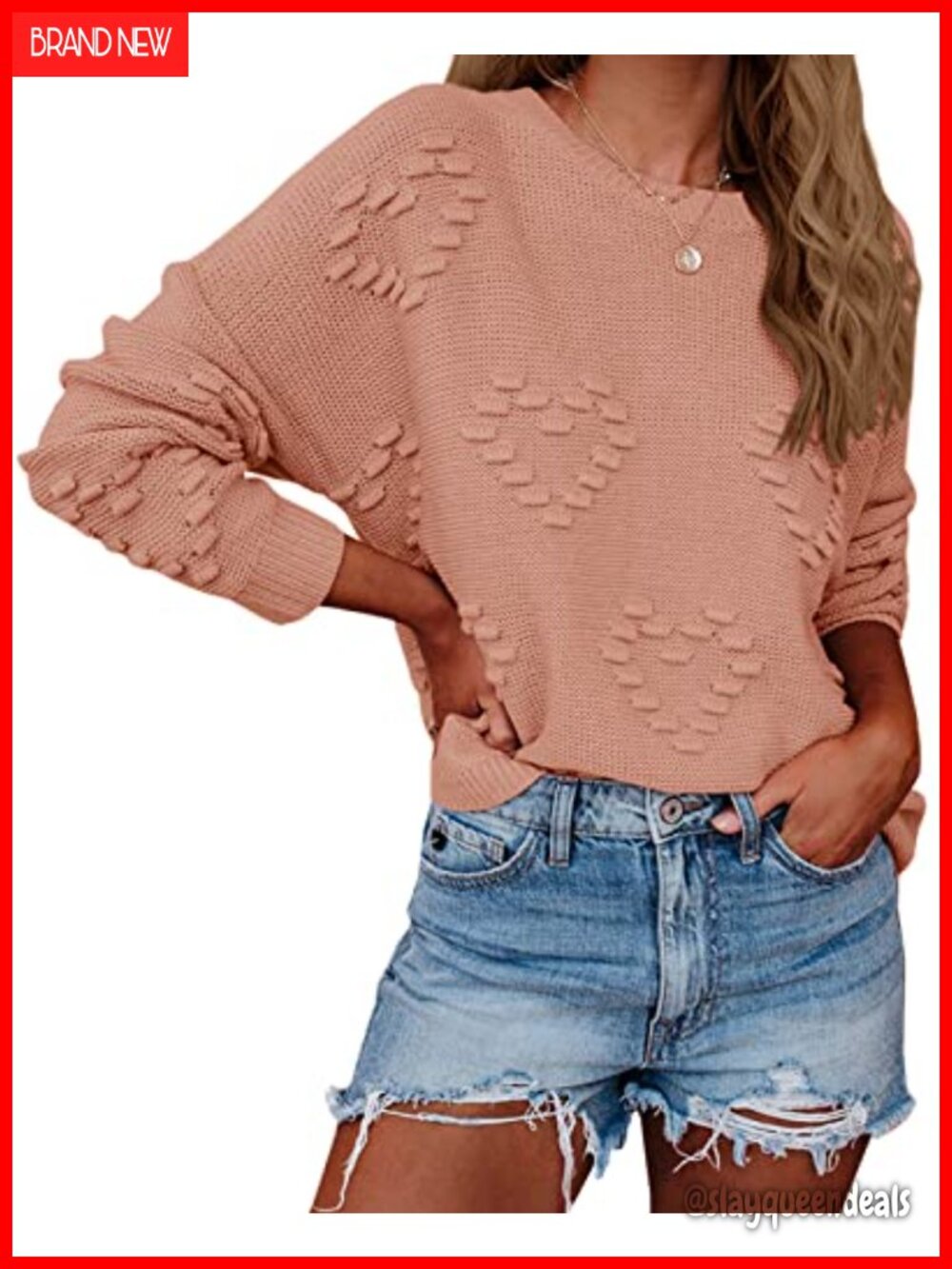 Oversized Heart Print Loose Knit Pullover Sweater Batwing Sleeve